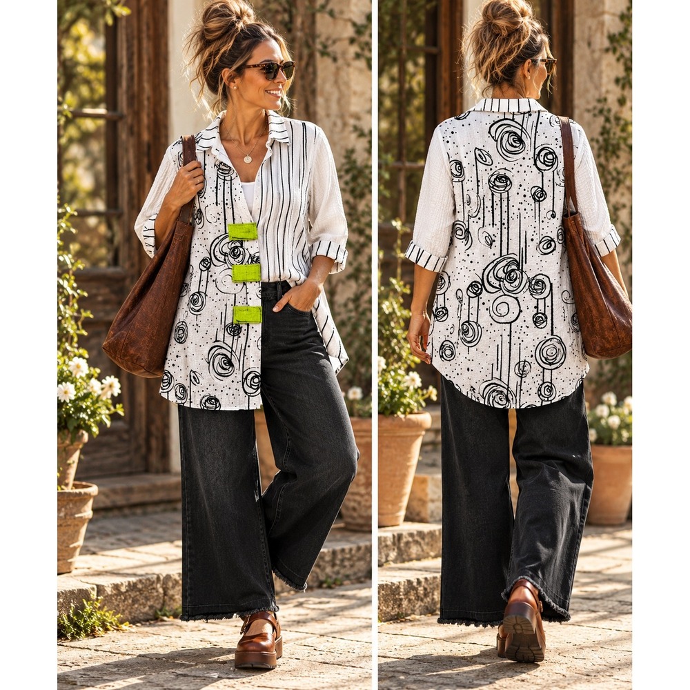 Ali Miles Blouse Womens XL White Black Abstract Stripe Artsy Mod Button Top